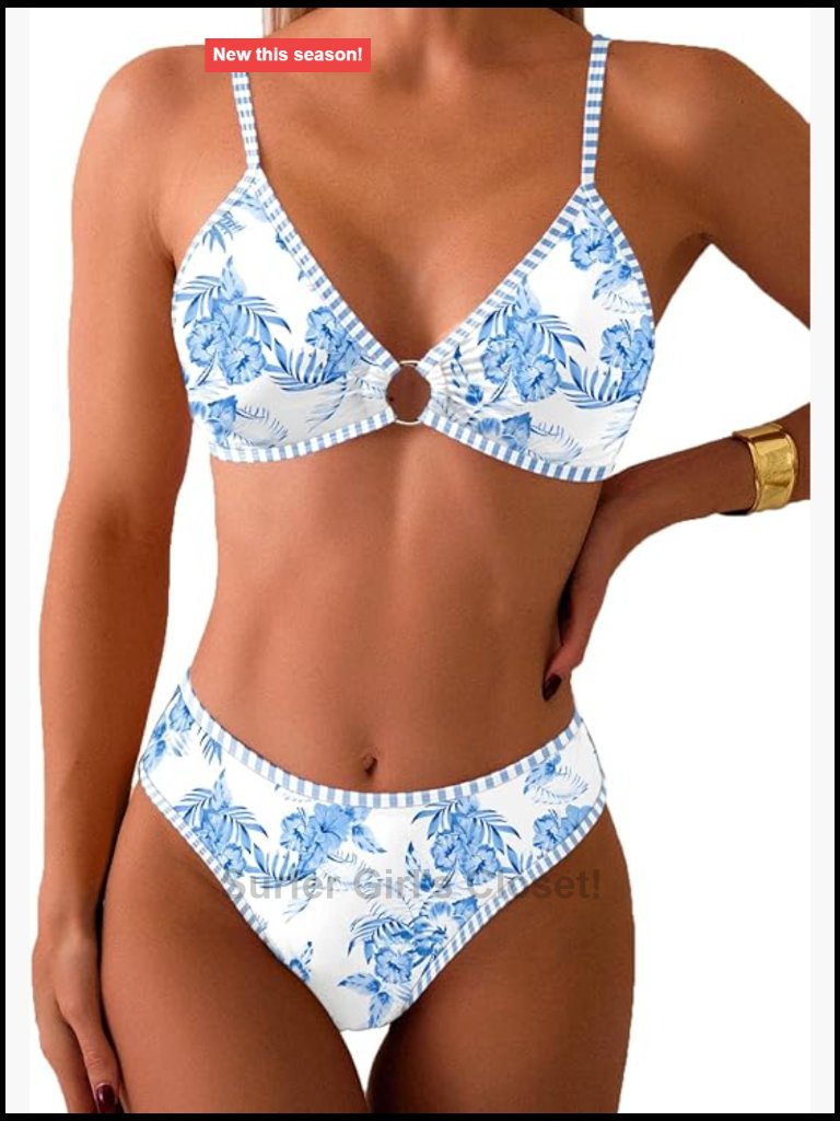 Triangle Bikini Set O Ring Linked Floral Printed Cheeky Two Piece Swimsuit